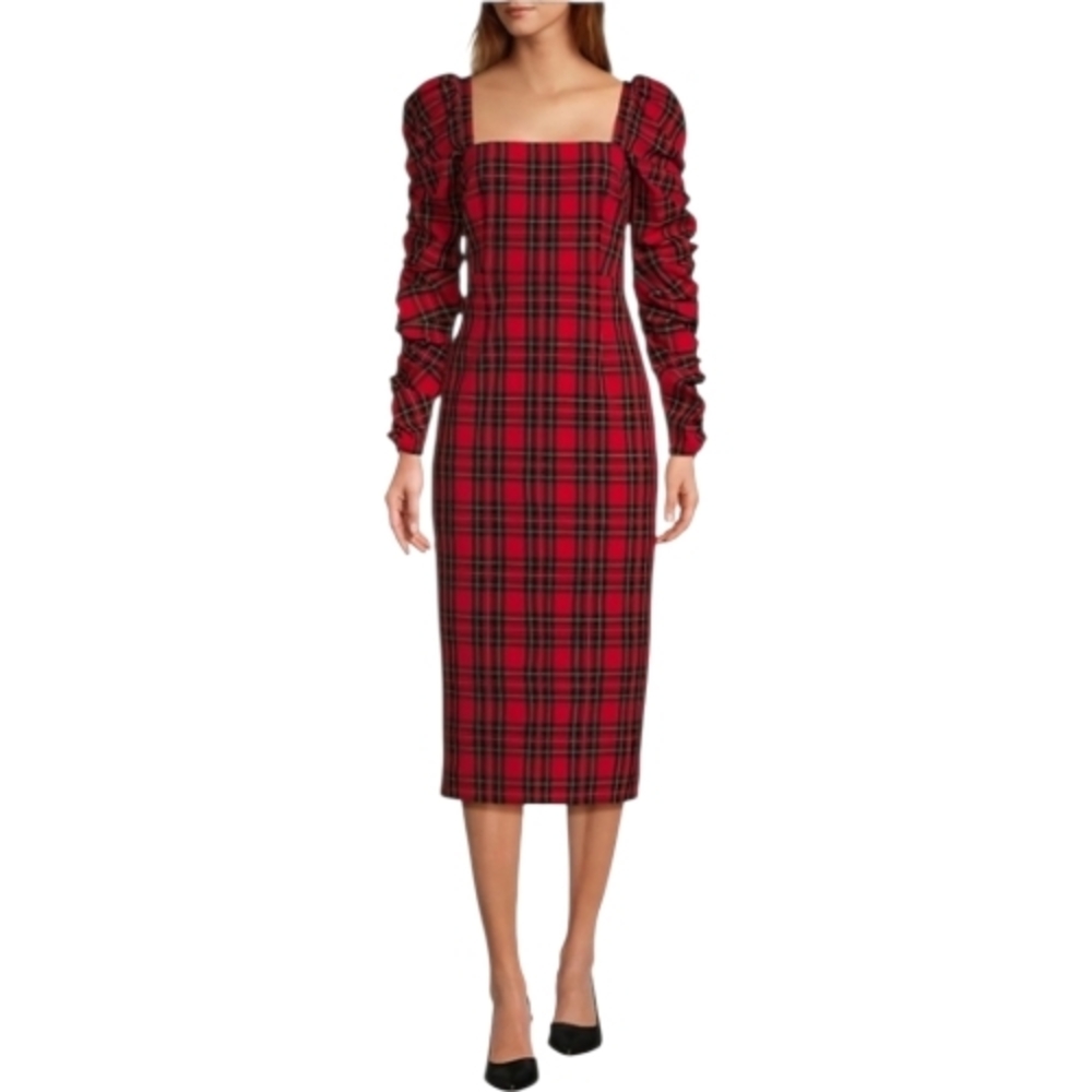 Antonio Melani Elena Red Plaid  Midi Dress with Ruched Long Sleeves Size 16